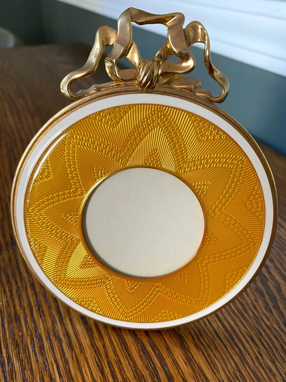 Vintage MMA- HM Guilloche Gold Yellow Enamel Photo Frame Round Brass Bow